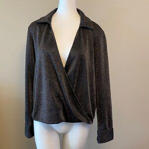 Calvin Klein Metallic Charcoal Wrap-Front Blouse